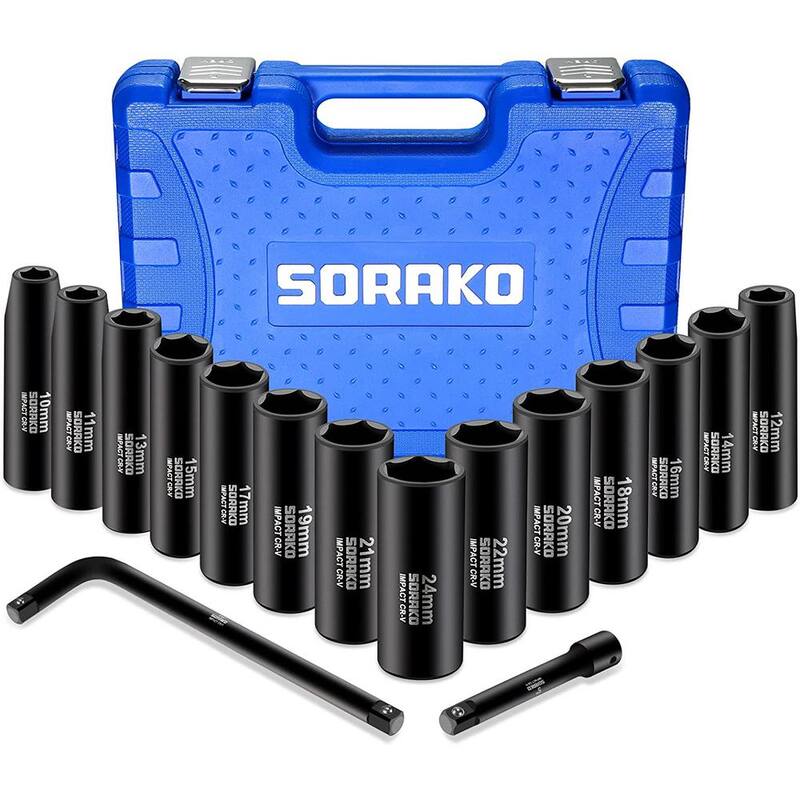 Juego de dados de impacto métricos Sorako 1/2 pulgadas, incluye 14 piezas de dados, barra de extensión de 5 pulgadas y mango en L de 10 pulgadas con estuche portátil - STS16H1