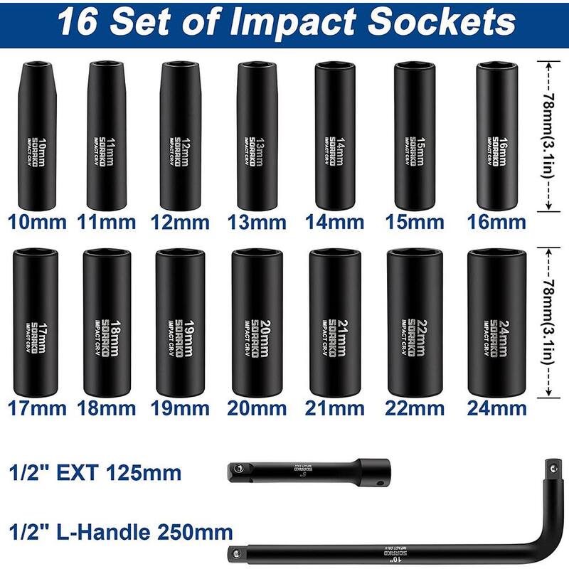 Juego de dados de impacto métricos Sorako 1/2 pulgadas, incluye 14 piezas de dados, barra de extensión de 5 pulgadas y mango en L de 10 pulgadas con estuche portátil - STS16H1