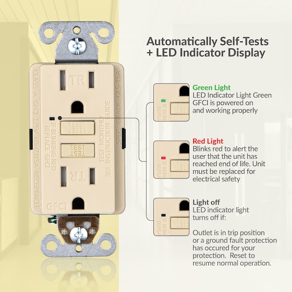 Enchufe receptor GFCI de 15A con autoprueba y placa de pared, color marfil - GLS-15ATR-IV