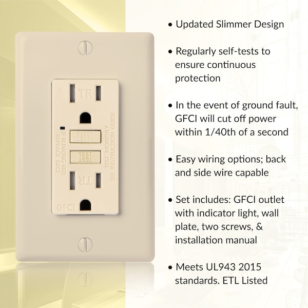 Enchufe receptor GFCI de 15A con autoprueba y placa de pared, color marfil - GLS-15ATR-IV