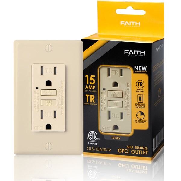 Enchufe receptor GFCI de 15A con autoprueba y placa de pared, color marfil - GLS-15ATR-IV