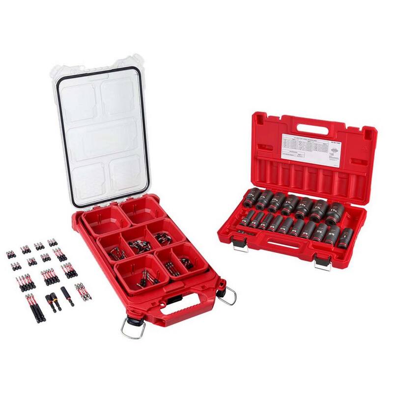 Juego de dados de impacto Milwaukee SHOCKWAVE de 1/2 pulgada SAE y juego de puntas de destornillador con estuche PACKOUT (118 piezas) - 49-66-7093-48-32-4082