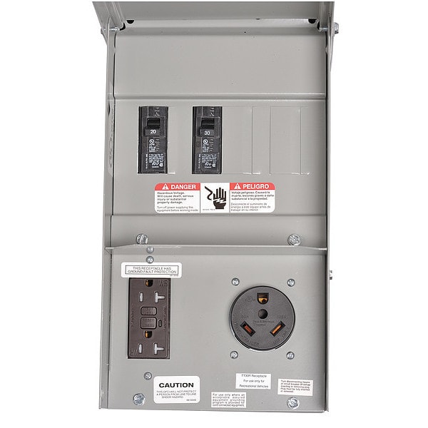 Panel de toma de corriente GFCI temporal Siemens, 50 A, 120/240V AC, 1 fase, NEMA 3R, 3 salidas, montaje en superficie, gris - TL37US