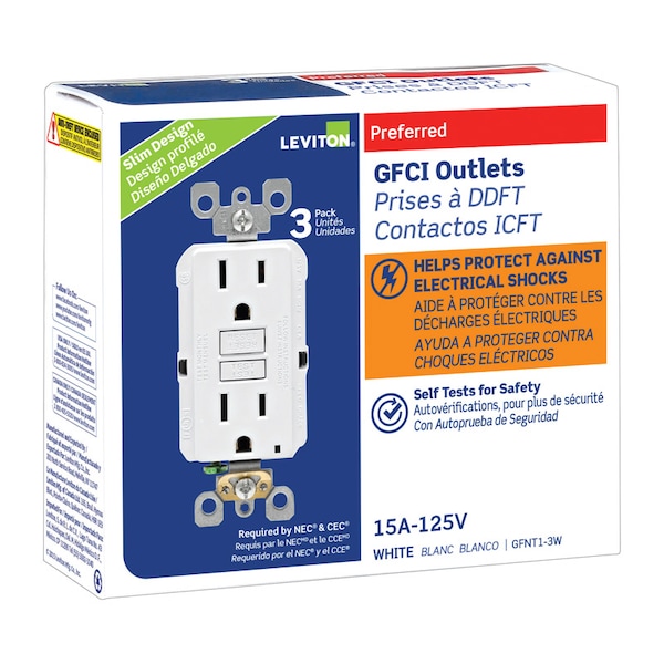 Salida GFCI blanca Leviton SmartlockPro de 15 amperios 125 V Dúplex 5-15R 3 pk - GFNT1-03W