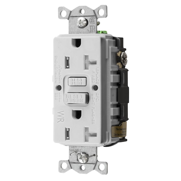 Dispositivos de hoja recta Hubbell Wiring Device-Kellems, Receptáculo, GFCI, Resistente al Agua y a Pruebas de Manipulación, Grado Comercial, Auto Prueba, 20A 125V, 2 Polos 3 Cables a Tierra, 5-20R, Blanco, Versión ERPO - GFTWRST20WU