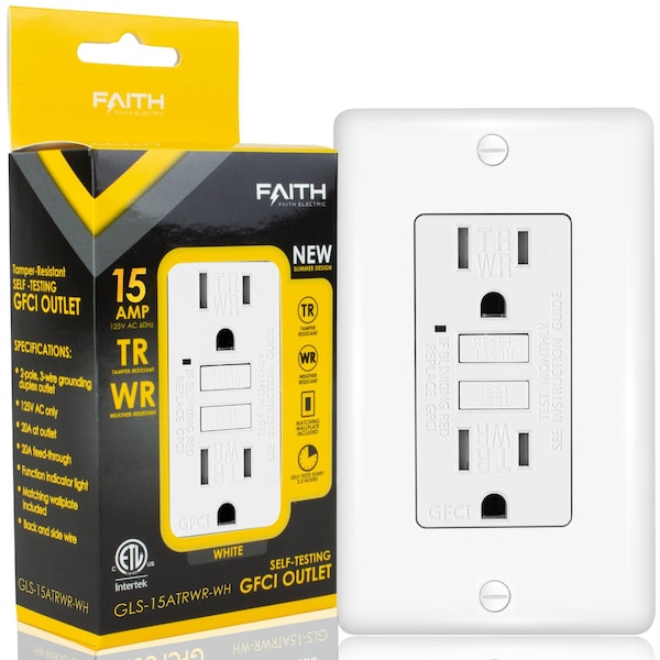 Faith 15A Salidas GFCI para Exteriores Delgadas, Resistentes al Clima y al Manipuleo, Receptáculos Duplex GFI, Autoprueba, Blanco - GLS-15ATRWR-WH
