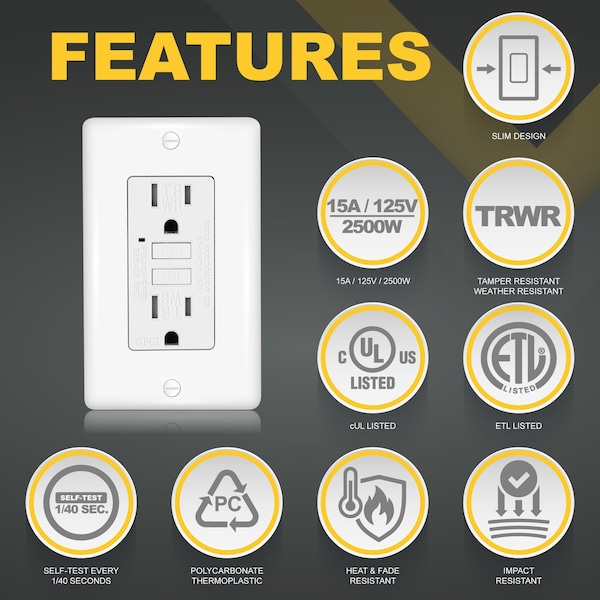 Faith 15A Salidas GFCI para Exteriores Delgadas, Resistentes al Clima y al Manipuleo, Receptáculos Duplex GFI, Autoprueba, Blanco - GLS-15ATRWR-WH