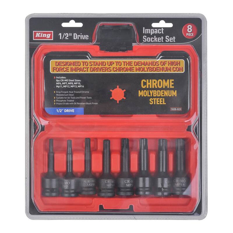 Juego de dados de impacto de 1/2 pulgadas KING, CR-MO, Polydrive externo (MP6-MP14) con estuche (8 piezas) - 1020-0.