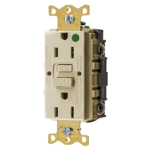 Receptáculo GFCI de Autoprueba de grado hospitalario de alta resistencia de Hubbell Wiring Device-Kellems (Ensamblado en EE. UU.), 15A, Marfil - GFRST82IU