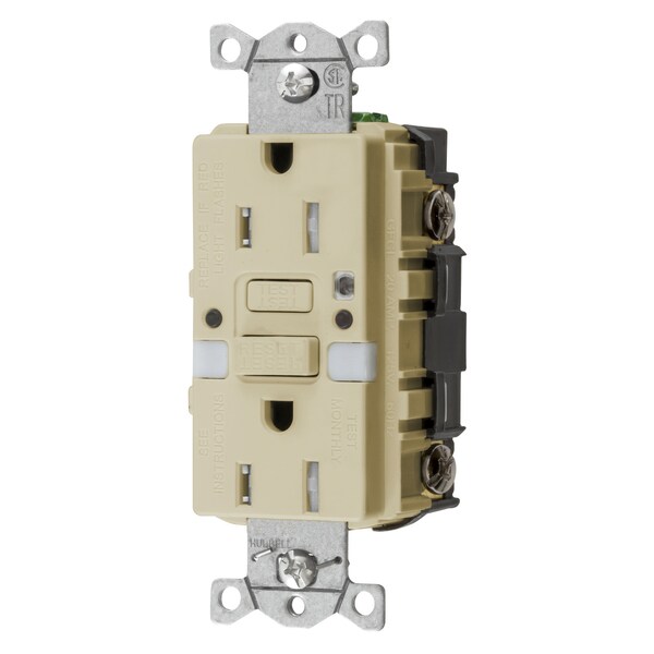 Hubbell Wiring Device-Kellems Power Protection Products, Receptacles, GFCI, Commercial Grade, Self Test, 15A 125V, 2-Pole 3-Wire Grounding, 5- 15R, With Nightlight, Ivory - GFTRST15INL