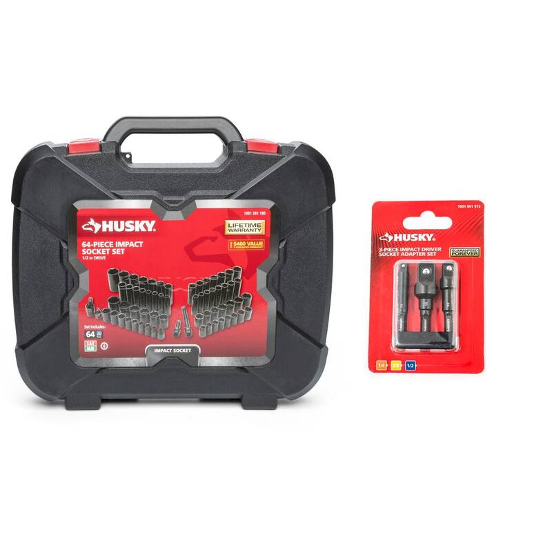 Juego de dados de impacto Husky de 1/2 pulgadas, con medidas SAE/Métricas de 6 puntos y adaptador de sockets de impacto Multi-Drive (67 piezas) - HIMPSAPT67PCCMB