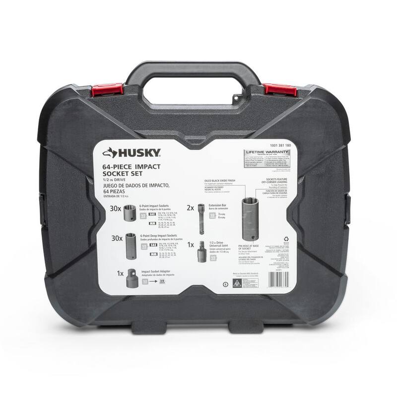 Juego de dados de impacto Husky de 1/2 pulgadas, con medidas SAE/Métricas de 6 puntos y adaptador de sockets de impacto Multi-Drive (67 piezas) - HIMPSAPT67PCCMB