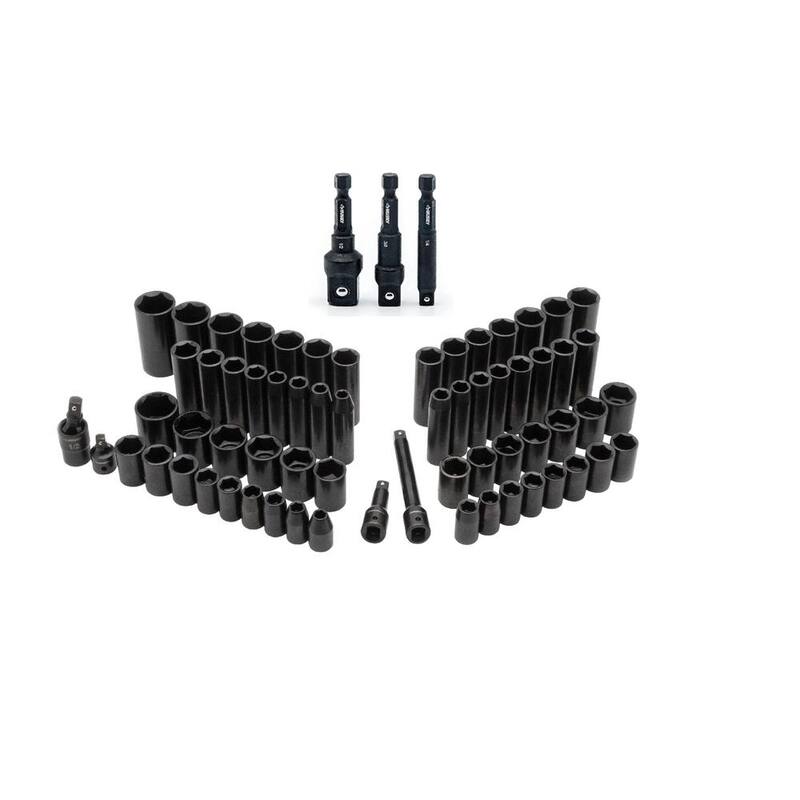 Juego de dados de impacto Husky de 1/2 pulgadas, con medidas SAE/Métricas de 6 puntos y adaptador de sockets de impacto Multi-Drive (67 piezas) - HIMPSAPT67PCCMB