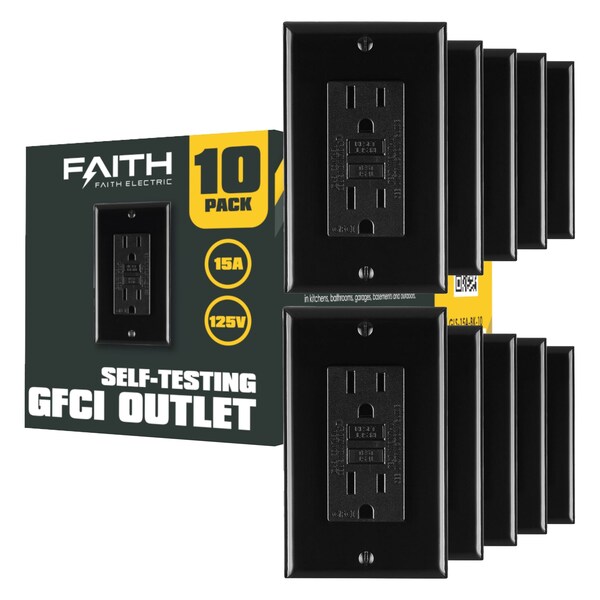 Salida dúplex GFCI de 15A 125 voltios, receptáculos no resistentes a manipulaciones, indicador LED, negro, paquete de 10 - GLS-15A-BK-10