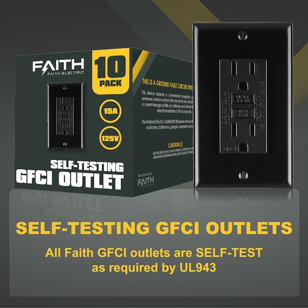 Salida dúplex GFCI de 15A 125 voltios, receptáculos no resistentes a manipulaciones, indicador LED, negro, paquete de 10 - GLS-15A-BK-10
