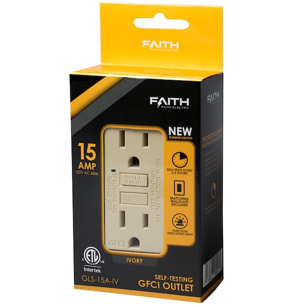 Tomacorriente receptáculo GFCI de autoevaluación de 15A con placa de pared, color marfil - GLS-15A-IV
