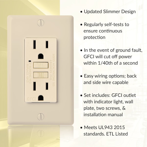 Tomacorriente receptáculo GFCI de autoevaluación de 15A con placa de pared, color marfil - GLS-15A-IV