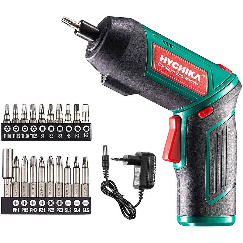 Destornillador eléctrico inalámbrico recargable de 3.6 voltios de iones de litio HYCHIKA con conexión rápida de 1/4 de pulgada, cargador y 20 accesorios - SD-4F
