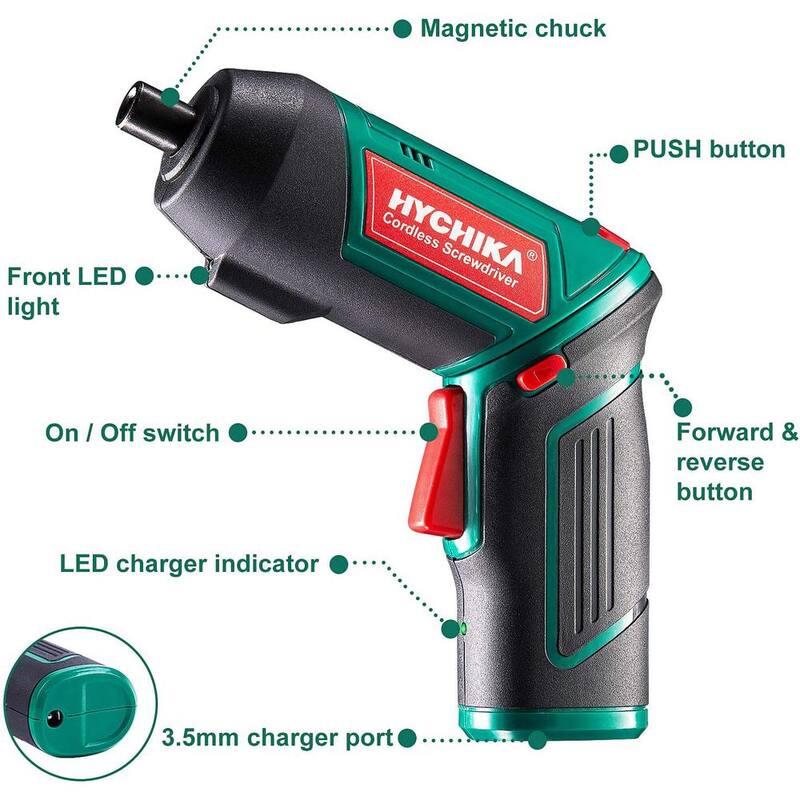 Destornillador eléctrico inalámbrico recargable de 3.6 voltios de iones de litio HYCHIKA con conexión rápida de 1/4 de pulgada, cargador y 20 accesorios - SD-4F
