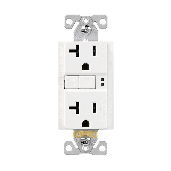 Receptáculo Eaton de interruptor de falla de tierra con protección contra manipulación, 125 V, 20 A, NEMA: NEMA 5-20R, cableado trasero y lateral, blanco - TRGF20W