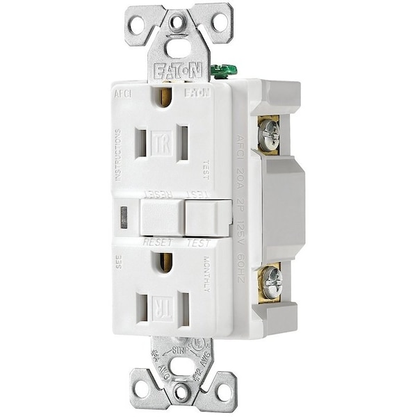Receptáculo AFCI Eaton Wiring Devices TRAFCI15WK, 2 polos, 15 A, 125 V, cableado posterior y lateral, NEMA 515R, blanco - TRAFCI15W-K-L