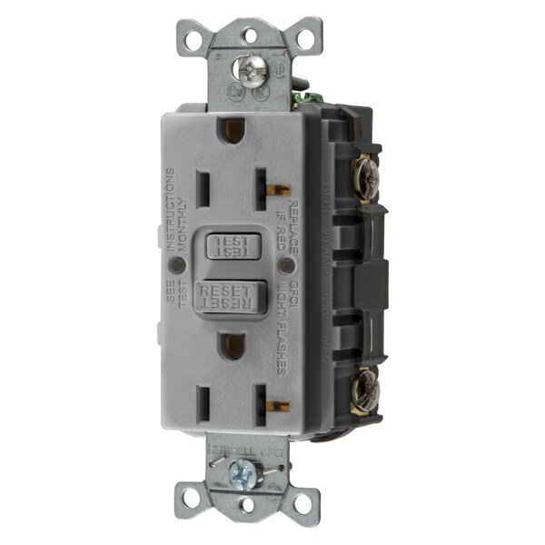Dispositivos de hoja recta Hubbell Wiring Device-Kellems, Receptáculo, GFCI, grado comercial, auto prueba, 20A 125V, 2 polos 3 cables de puesta a tierra, 5-20R, Gris, Producto de EE. UU. - GFRST20GYU