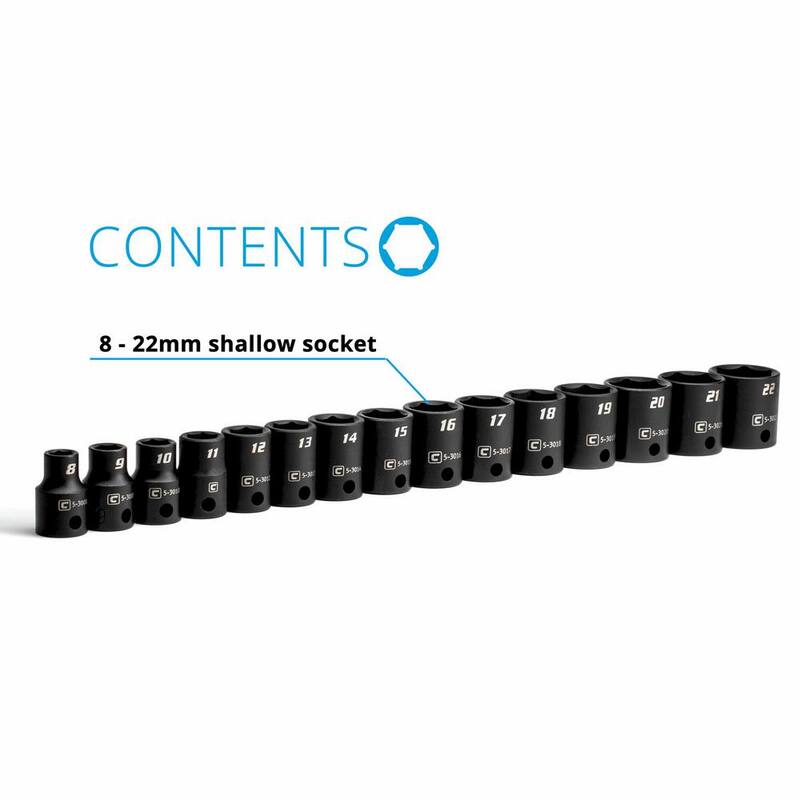 Set de impacto de llave métrica poco profunda de 3/8 pulgadas de Capri Tools (juego de 15 piezas) - CP53000-15MS.