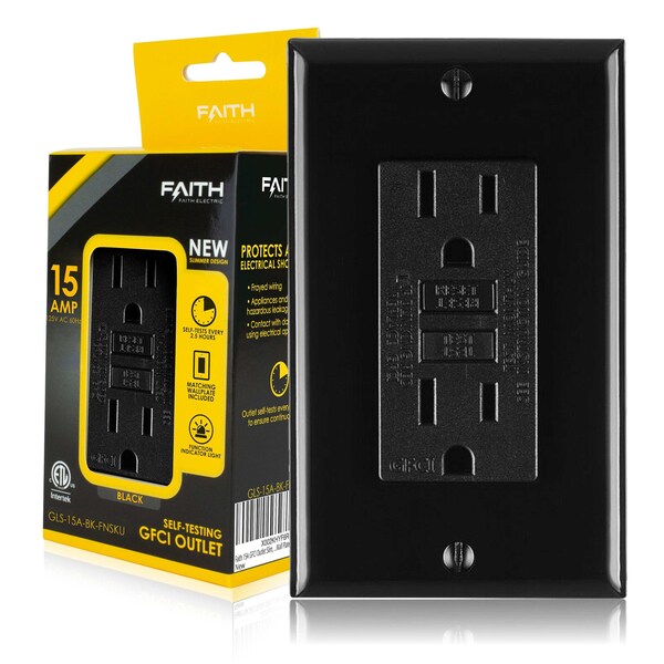Enchufe GFCI delgado Faith 15A, Dúplex Receptáculo no resistente a la manipulación, Indicador LED, Autoprueba, Negro - GLS-15A-BK