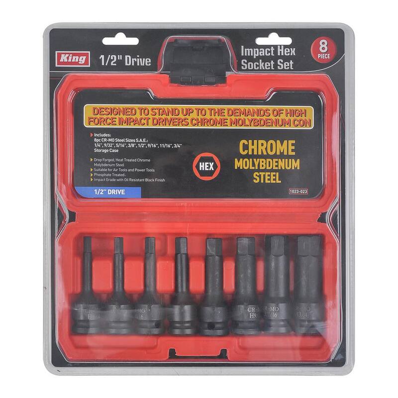Set de llaves de impacto KING de 1/2 pulgadas, CR-MO, hexagonal externo (de 1/4 a 3/4 pulgadas) con estuche (8 piezas) - 1023-0