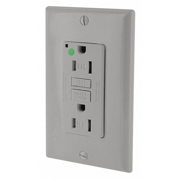 Leviton Receptáculo, Gris, 15 A, GFCI, 2P3W, con Botón de Restablecimiento y Luz Indicadora, 1 Pieza - GFTR1-HGG