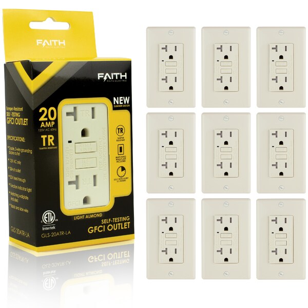 Toma de corriente Faith Self-Test 20A TR GFCI, color almendra claro, paquete de 10 - GLS-20ATR-LA-10