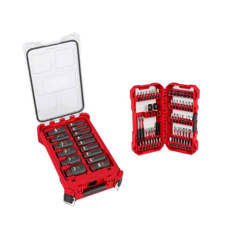 Juego de 85 piezas de puntas de destornillador y juego de impacto Milwaukee SHOCKWAVE de 1/2 pulgadas con vasos profundos SAE y estuche PACKOUT - 49-66-6802-48-32-5151.