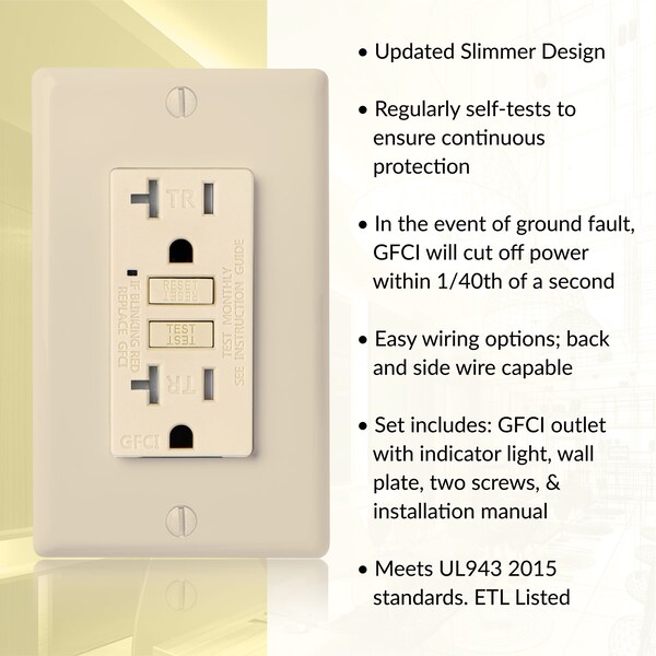 Tomacorriente GFCI autoevaluable 20A TR con placa de pared, marfil - GLS-20ATR-IV
