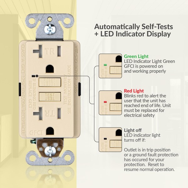 Tomacorriente GFCI autoevaluable 20A TR con placa de pared, marfil - GLS-20ATR-IV