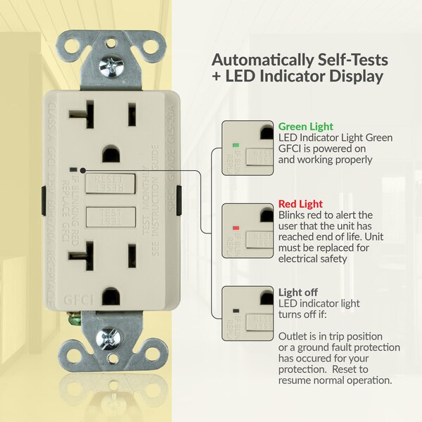 Receptáculo de salida GFCI de autoevaluación de 20A, color almendra - GLS-20A-LA