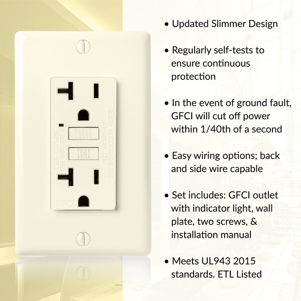 Receptáculo de salida GFCI de autoevaluación de 20A, color almendra - GLS-20A-LA