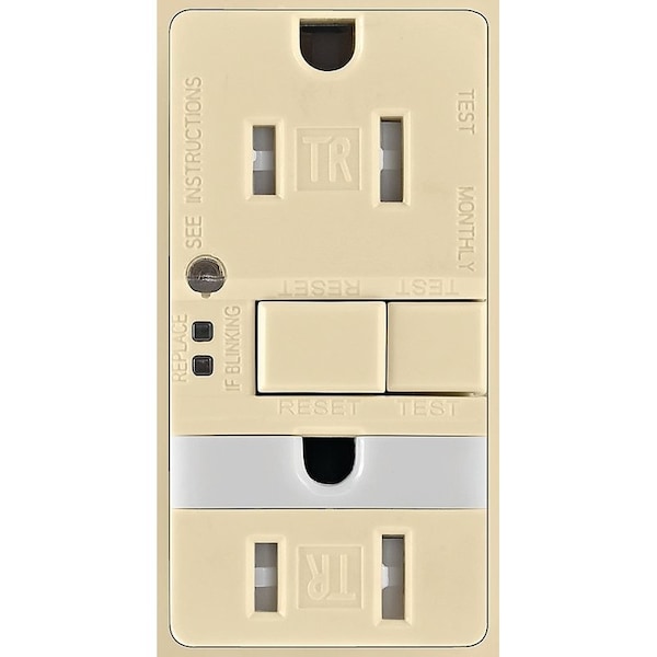 Dispositivo de cableado Eaton GFCI con luz nocturna, 2 polos, 15 A, 125 V, cableado posterior y lateral, NEMA: 5-15R, marfil - TRSGFNL15V-K