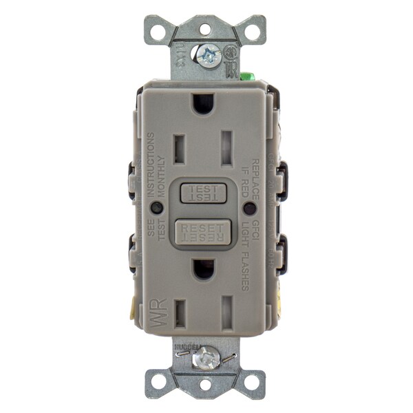 Dispositivos de Protección de Energía Hubbell Wiring Device-Kellems, Receptáculo, Auto Prueba, GFCI, IG, TRWR, Grado Comercial, 15A 125V, 2 Polos 3 Cables a Tierra, 5-15R, Gris - GFTWRST15GYIG