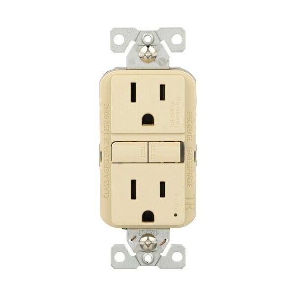 Receptáculo GFCI resistente a manipulaciones Eaton, 125 V, 15 A, NEMA: NEMA 5-15R, cableado trasero/lateral, marfil - TRGF15V