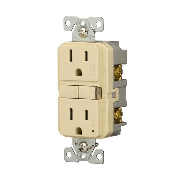 Receptáculo GFCI resistente a manipulaciones Eaton, 125 V, 15 A, NEMA: NEMA 5-15R, cableado trasero/lateral, marfil - TRGF15V