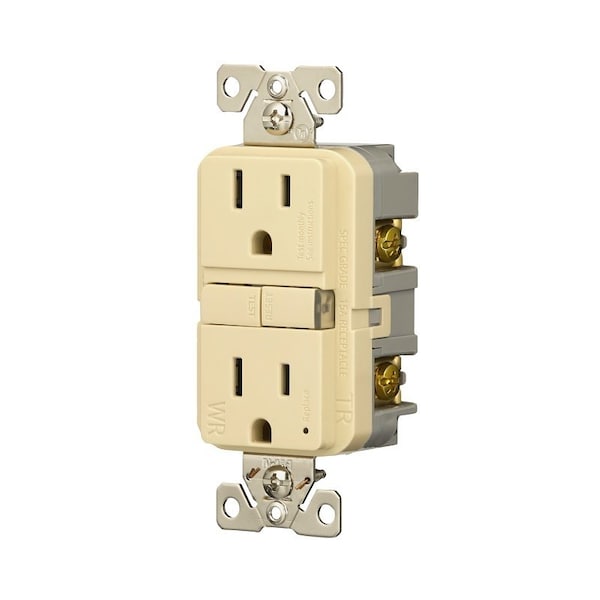 Receptáculo GFCI resistente a la intemperie y a pruebas de manipulación de Eaton, 125 V, 15 A, NEMA: NEMA 5-15R, conexión posterior y lateral - TWRGF15V