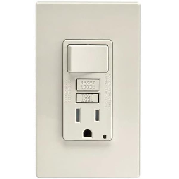 Interruptor de corriente de falla a tierra (GFCI) autoprueba y toma de corriente con placa de pared; color almendra claro - GO669298