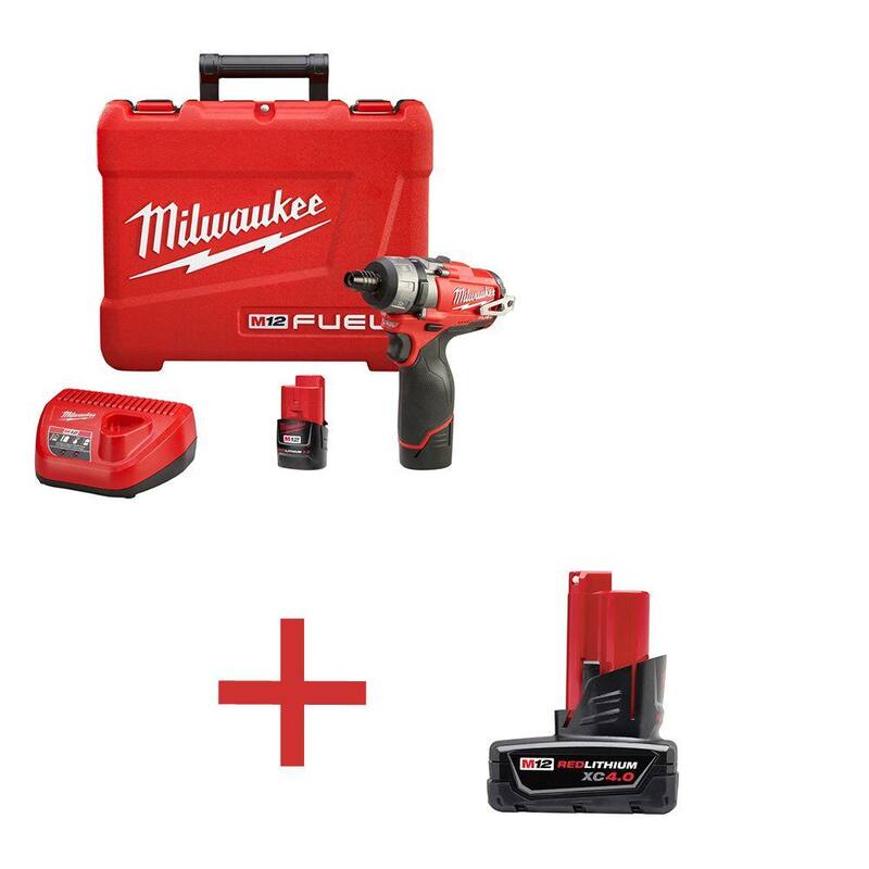 Milwaukee M12 12V FUEL - Juego de destornillador inalámbrico de 1/4 de pulgada con batería de iones de litio de 4 Ah M12 - 2402-22-48-11-2440.
