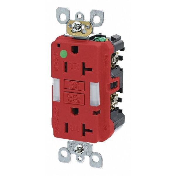 Leviton Receptáculo, Rojo, 20 A, GFCI, 2P3W, Trasero; Lateral, 1 Pieza - GFNL2-HGR