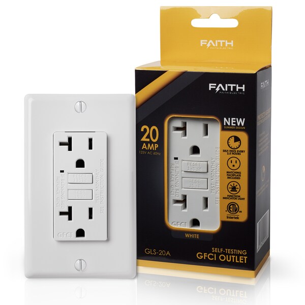 Salida GFCI de auto prueba de 20A, Receptáculo GFI con placa de pared, blanco - GLS-20A-WH