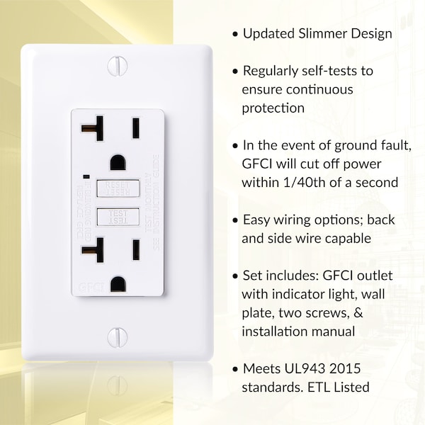 Salida GFCI de auto prueba de 20A, Receptáculo GFI con placa de pared, blanco - GLS-20A-WH