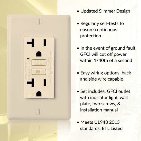 Tomacorriente GFCI de auto prueba de 20A con placa de pared, marfil - GLS-20A-IV