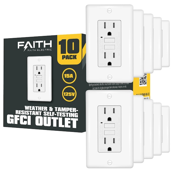 Faith 20A Salidas GFCI para exteriores delgadas, resistente a la intemperie y manipulaciones, Dúplex GFCI, autoprueba, blanco, 10 PK - GLS-15ATRWR-WH-10