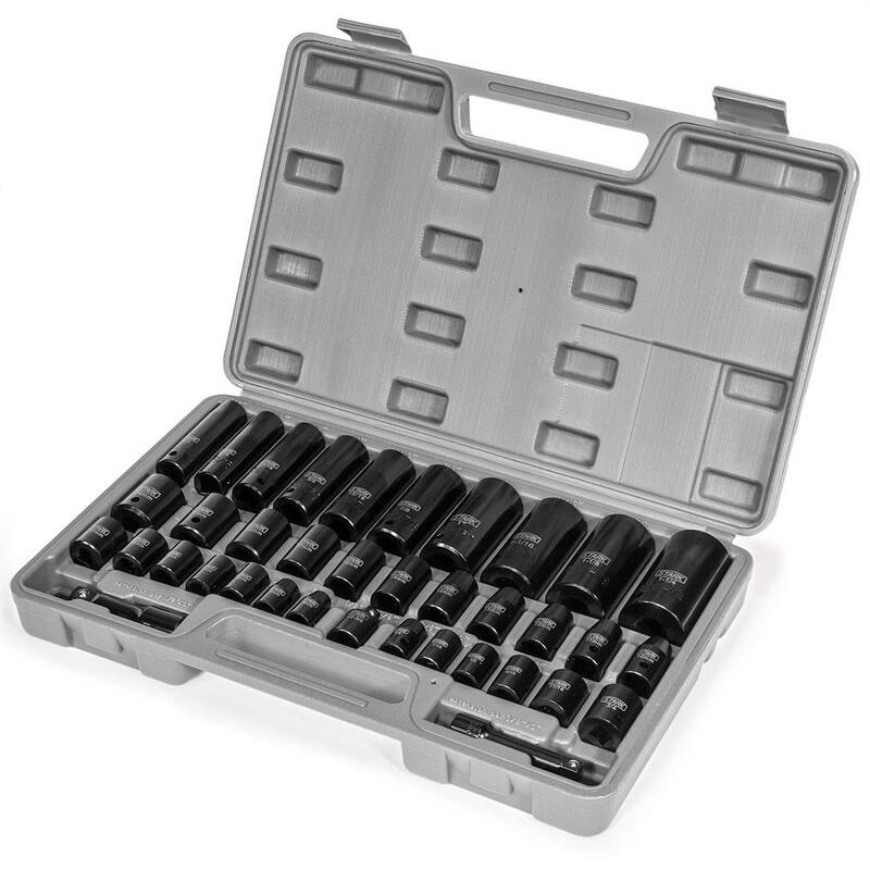 Juego de llaves de impacto Stark de 3/8 y 1/2 pulgadas, combinación de vasos rasos y profundos en sistema SAE y métrico con estuche de transporte (38 piezas) - 35700-H