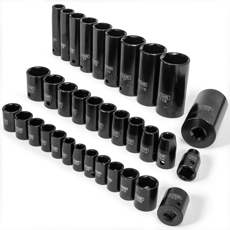 Juego de llaves de impacto Stark de 3/8 y 1/2 pulgadas, combinación de vasos rasos y profundos en sistema SAE y métrico con estuche de transporte (38 piezas) - 35700-H